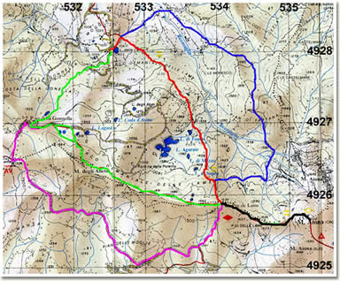 L'Aiona dal Lago delle Lame: carta indicante gli itinerari descritti nell'articolo