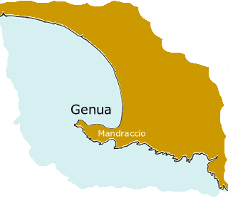 Schizzo del primigenio insediamento di Genova, posto probabilmente intorno alla spiaggia del Mandraccio, che sembra assumere la forma di un ginocchio