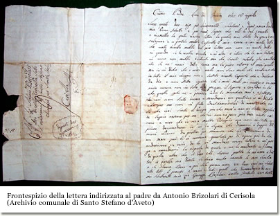 Frontespizio della lettera indirizzata al padre da Antonio Brizolari di Cerisola (Archivio comunale di 
Santo Stefano d'Aveto)